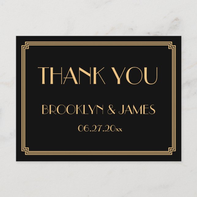 Great Gatsby Art Deco Black Wedding Thank You Postcard (Front)
