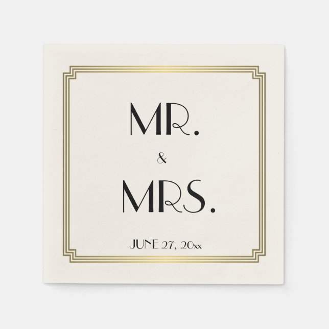 Great Gatsby Art Deco Ecru Gold Wedding Napkins (Front)