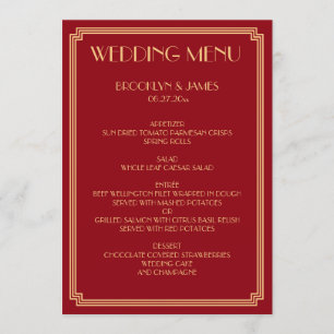 Great Gatsby Art Deco Gold Red Wedding Menu