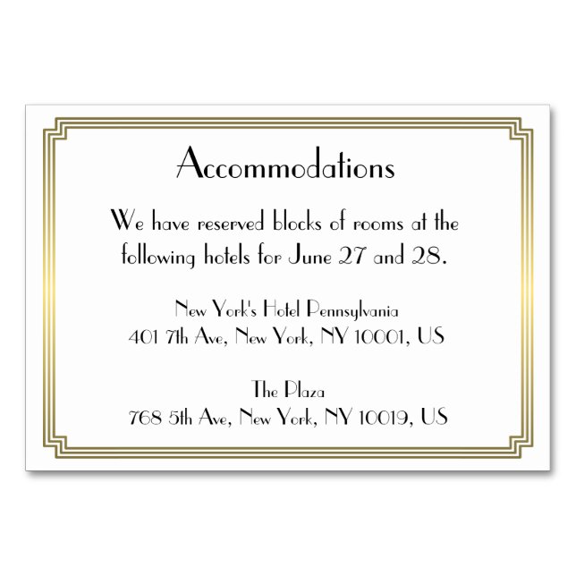 Great Gatsby Art Deco Gold Wedding Accommodation Table Number (Front)
