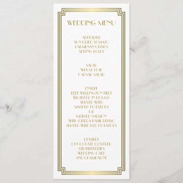 Great Gatsby Art Deco Gold White Wedding Menu (Front)