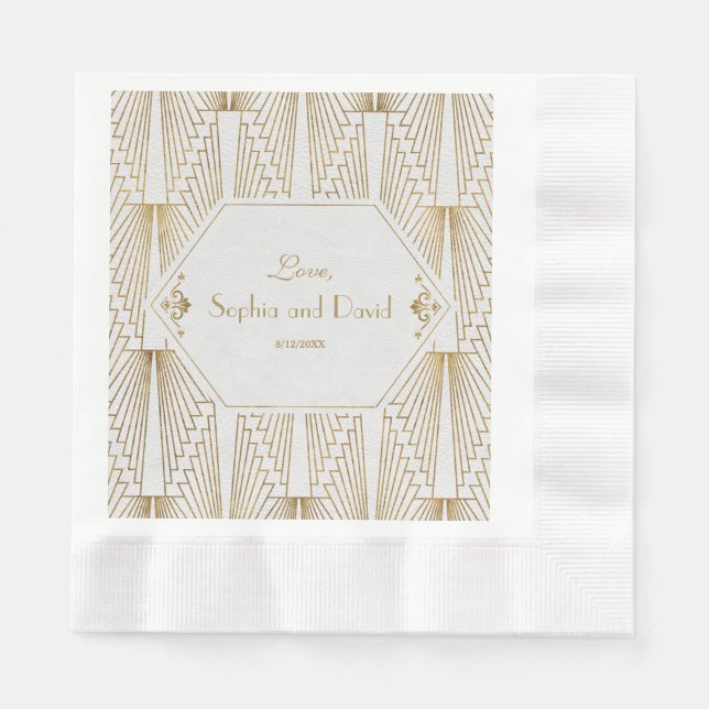 Great Gatsby Art Deco Gold White Wedding Napkin (Front)
