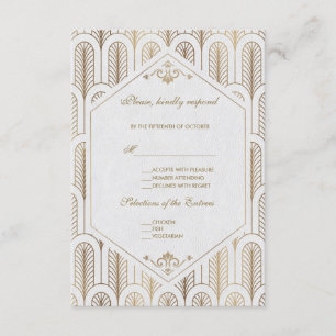 Great Gatsby Art Deco Gold White Wedding RSVP Card