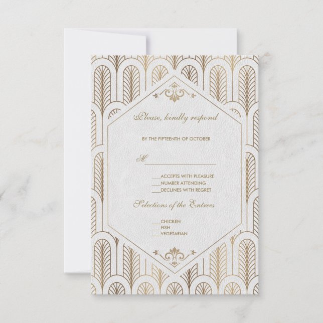 Great Gatsby Art Deco Gold White Wedding RSVP Card (Front)
