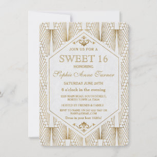 Great Gatsby Art Déco Or Blanc Sweet 16 Invitation