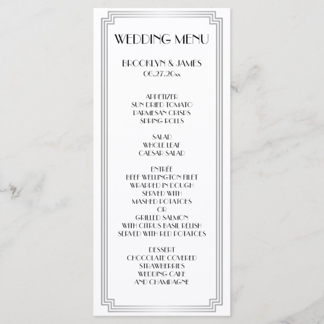 Great Gatsby Art Deco Silver Wedding Menu Card (Front)