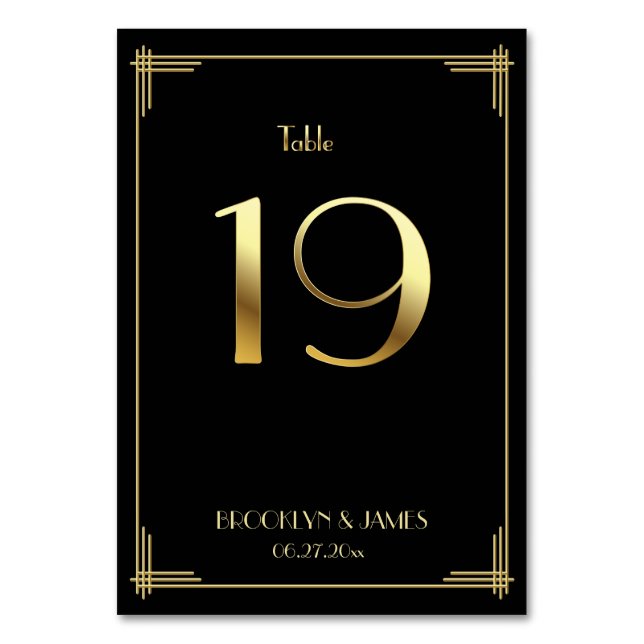 Great Gatsby Art Deco Table Number 19 Gold Black (Front)