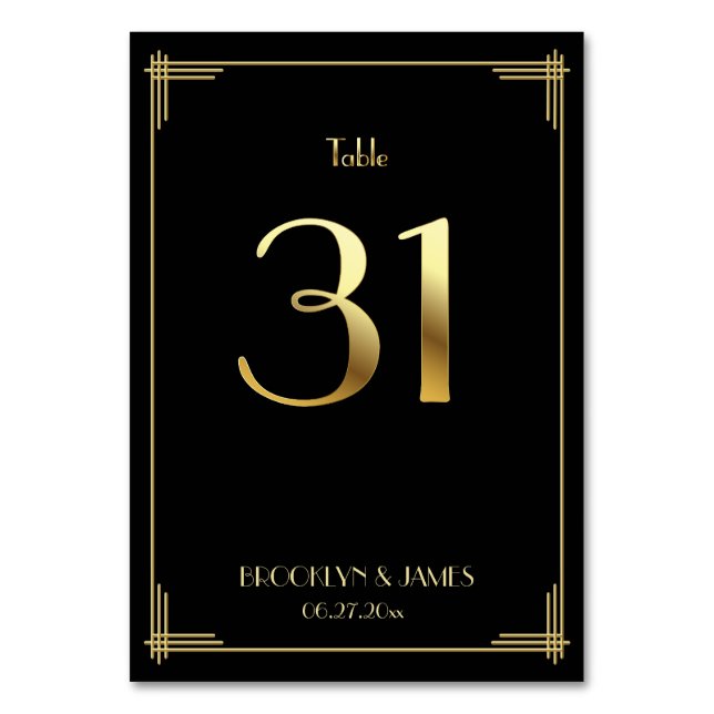 Great Gatsby Art Deco Table Number 31 Gold Black (Front)