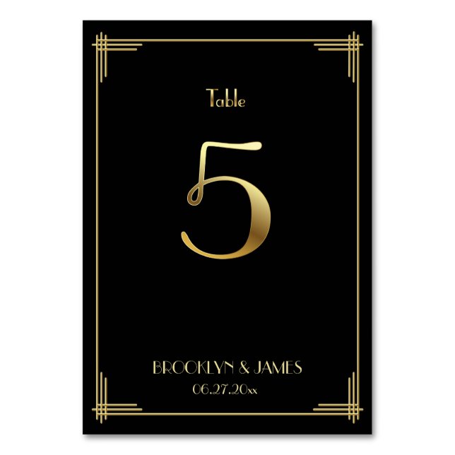 Great Gatsby Art Deco Table Number 5 Gold Black (Front)