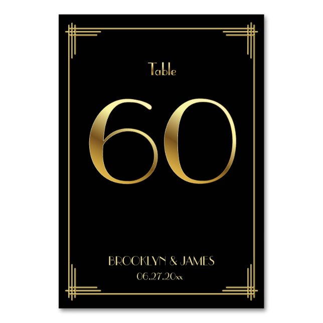 Great Gatsby Art Deco Table Number 60 Gold Black (Front)