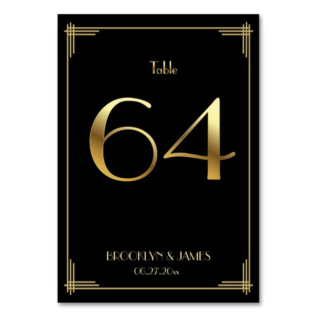 Great Gatsby Art Deco Table Number 64 Gold Black (Front)