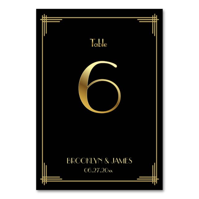 Great Gatsby Art Deco Table Number 6 Gold Black (Front)