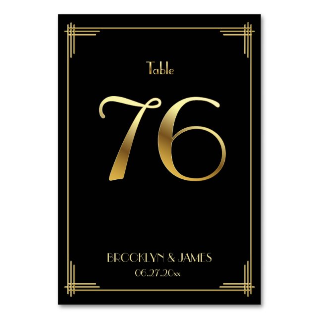 Great Gatsby Art Deco Table Number 76 Gold Black (Front)