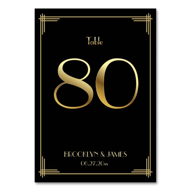 Great Gatsby Art Deco Table Number 80 Gold Black (Front)