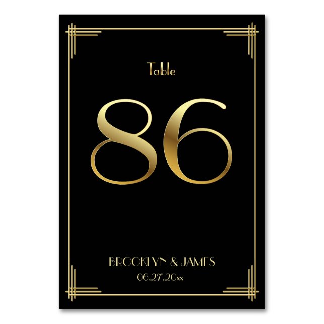 Great Gatsby Art Deco Table Number 86 Gold Black (Front)
