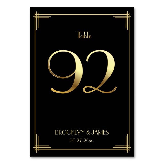 Great Gatsby Art Deco Table Number 92 Gold Black (Front)