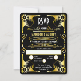 Great Gatsby Art Deco Wedding Opulent Gold & Black RSVP Card