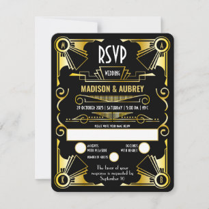 Great Gatsby Art Deco Wedding Opulent Gold & Black RSVP Card