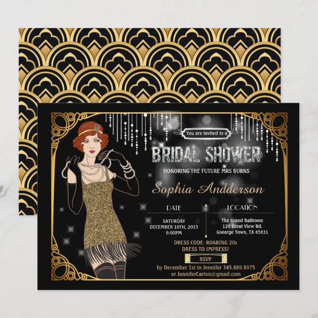 Great Gatsby bridal shower invitation flapper (Front/Back)