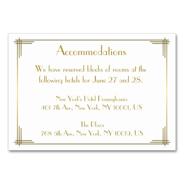 Great Gatsby Gold Art Deco Wedding Accommodation Table Number (Front)