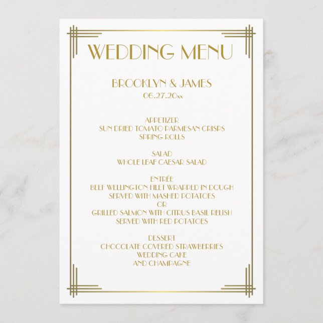 Great Gatsby Gold Art Deco Wedding Menu (Front)