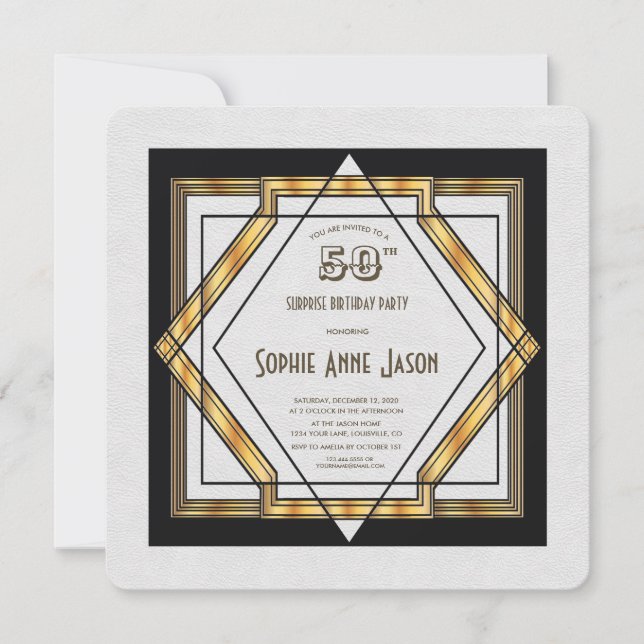 Great Gatsby Gold White Art Deco 50th Birthday Invitation (Front)