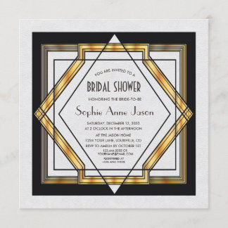 Great Gatsby Gold White Art Deco Bridal Shower Invitation