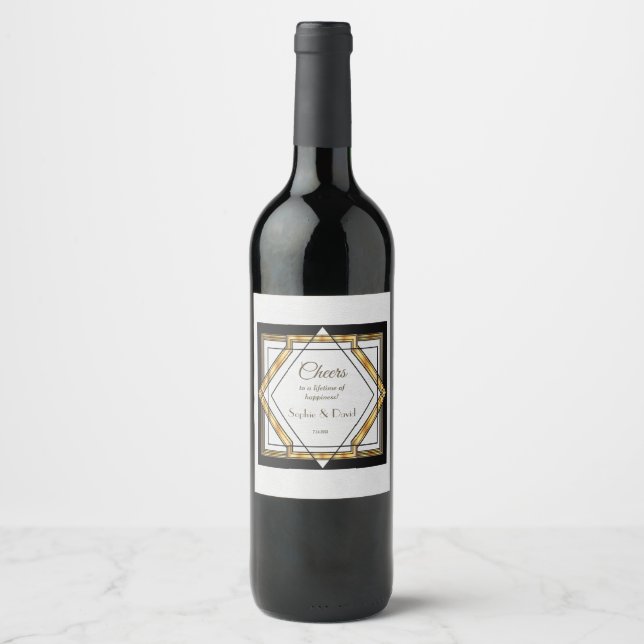 Great Gatsby Gold White Art Deco Wedding Wine Label (Front)
