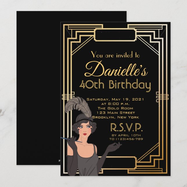 Great Gatsby Inspired Art Deco Birthday Invitation (Front/Back)