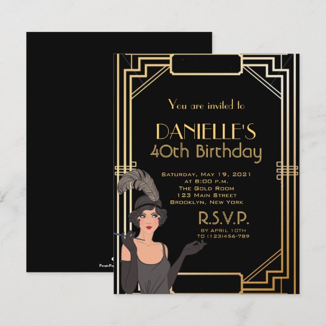 Great Gatsby Inspired Art Deco Birthday Invitation (Front/Back)