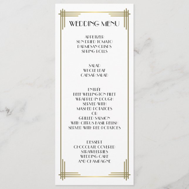 Great Gatsby White Art Deco Wedding Menu (Front)