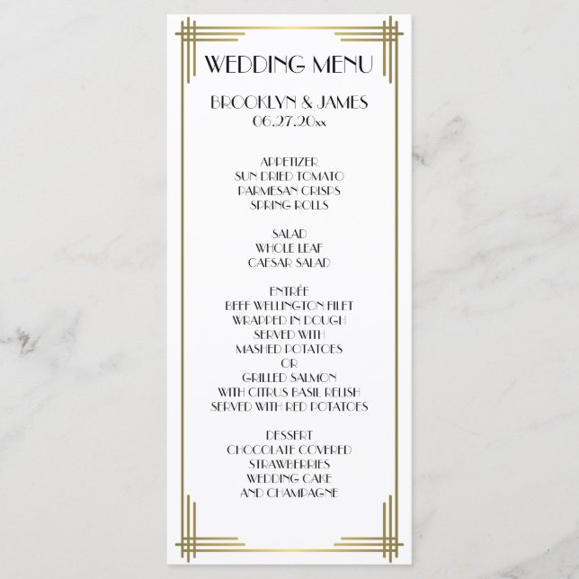 Great Gatsby White Art Deco Wedding Menu Card (Front)
