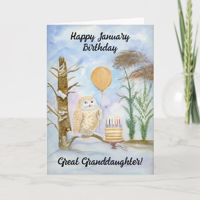 Great Granddaughte Happy January Birthday Owl Cake Card (Front)