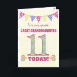 Great Granddaughter 11th Birthday Primroses Card<br><div class="desc">A pretty 11th Birthday card for your great-granddaughter, with polka dot bunting, primrose flowers and numbers filled with a primrose pattern, all on a pale yellow check gingham background. The front cover message is, 'To a very special GREAT GRANDDAUGHTER 11 TODAY!' The inside message is just a suggestion and you...</div>