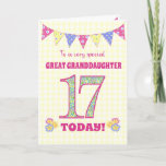 Great Granddaughter 17th Birthday Primroses Card<br><div class="desc">A pretty 17th Birthday card for your great-granddaughter, with polka dot bunting, primrose flowers and numbers filled with a primrose pattern, all on a pale yellow check gingham background. The front cover message is, 'To a very special GREAT GRANDDAUGHTER 17 TODAY!' The inside message is just a suggestion and you...</div>