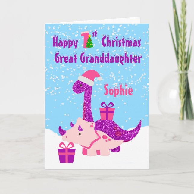 Great Granddaughter 1st Christmas Dinosaur Purple Card (Front)