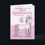 Great Granddaughter 4th Birthday Pink Horse Card<br><div class="desc">A sweet pink pony just like your great granddaughter is prancing with the number four! Gold looking details are woven in her mane and tail. Perfect card to wish your great granddaughter her 4th birthday!
(Digitally rendered golden looking colour)</div>