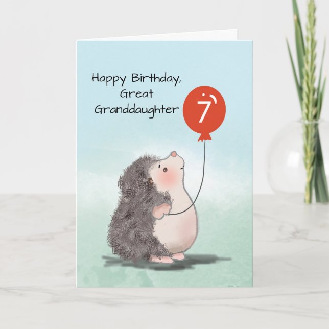 Great Granddaughter 7th Birthday Cute Hedgehog Card (Front)
