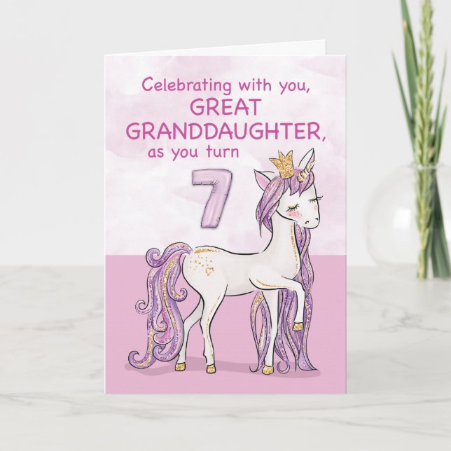 Great Granddaughter 7th Birthday Pink Horse Card (Front)