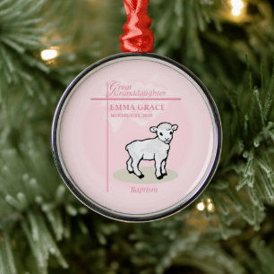 Great Granddaughter Baptism Pink Girl Lamb Metal Ornament