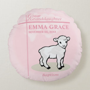 Great Granddaughter Baptism Pink Girl Lamb Round Pillow