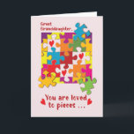 Great Granddaughter Birthday Puzzle Love to Pieces Card<br><div class="desc">The cover of this card will greet your great granddaughter with strikingly bright colours and before she knows it, she’ll be seeing puzzle pieces and beautiful red hearts. As she looks on the inside, she will be greeted by a fun birthday message for her. Her face will surely light up...</div>