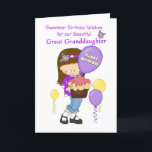 Great Granddaughter Birthday with Balloons Girl Thank You Card<br><div class="desc">This 5x7 card is of a pretty teen girl with brown hair and purple headband, wearing jeans and a purple shirt, holding a purple balloon with "Happy Birthday" on it, a large cupcake and three balloons with streamers floating around her in purple and yellow. Original girl design by Cheryl Killian...</div>