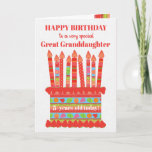 Great Granddaughter Custom Age Birthday Cake Card<br><div class="desc">You can add the age to this brightly colored birthday card for your great granddaughter, with a strawberry birthday cake. The cake has lots of candles with different patterns and there is a patterned band around the cake with colorful summer fruits - strawberries, raspberries, limes and orange slices. Above the...</div>