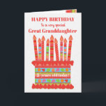 Great Granddaughter Custom Age Birthday Cake Card<br><div class="desc">You can add the age to this brightly colored birthday card for your great granddaughter, with a strawberry birthday cake. The cake has lots of candles with different patterns and there is a patterned band around the cake with colorful summer fruits - strawberries, raspberries, limes and orange slices. Above the...</div>