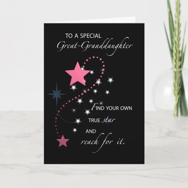 Great-Granddaughter, Graduation Star, Pink & Black Card (Front)