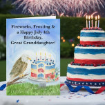 Great Granddaughter July 4th Birthday Bald Eagle Card<br><div class="desc">Celebrate your great granddaughter’s birthday with a design that shines as brightly as Independence Day. This hand-painted watercolor artwork features a majestic bald eagle perched beside a red, white, and blue layered cake, topped with glowing candles and fresh blueberries for a festive touch. Set against a soft sky and grassy...</div>