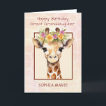 Great Granddaughter Personalize Birthday Safari Card<br><div class="desc">A one-of-a-kind card for a one-of-a-kind great-granddaughter. This charming birthday design features a baby giraffe adorned with soft pink and yellow florals, set against a dreamy watercolor background with a delicate giraffe pattern. The front reads Happy Birthday Sweet Great-Granddaughter and allows you to personalize it with her name, making the...</div>
