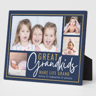 Great Grandkids Make Life Grand Blue Gold 4 Photo Plaque