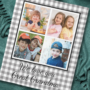 Great Grandma Grey Buffalo Plaid 4 Photo Collage Fleece Blanket